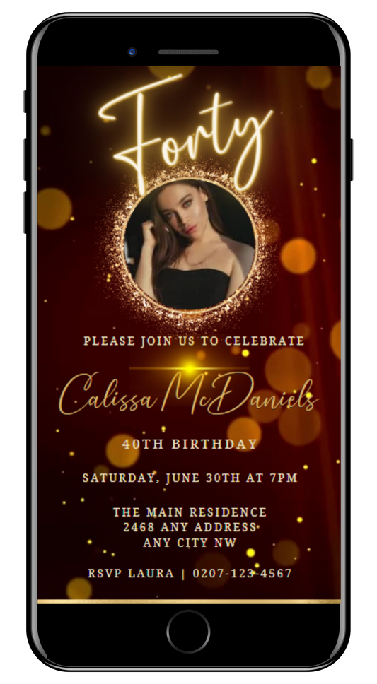 Maroon Gold Neon 40th Birthday Video Invitation
