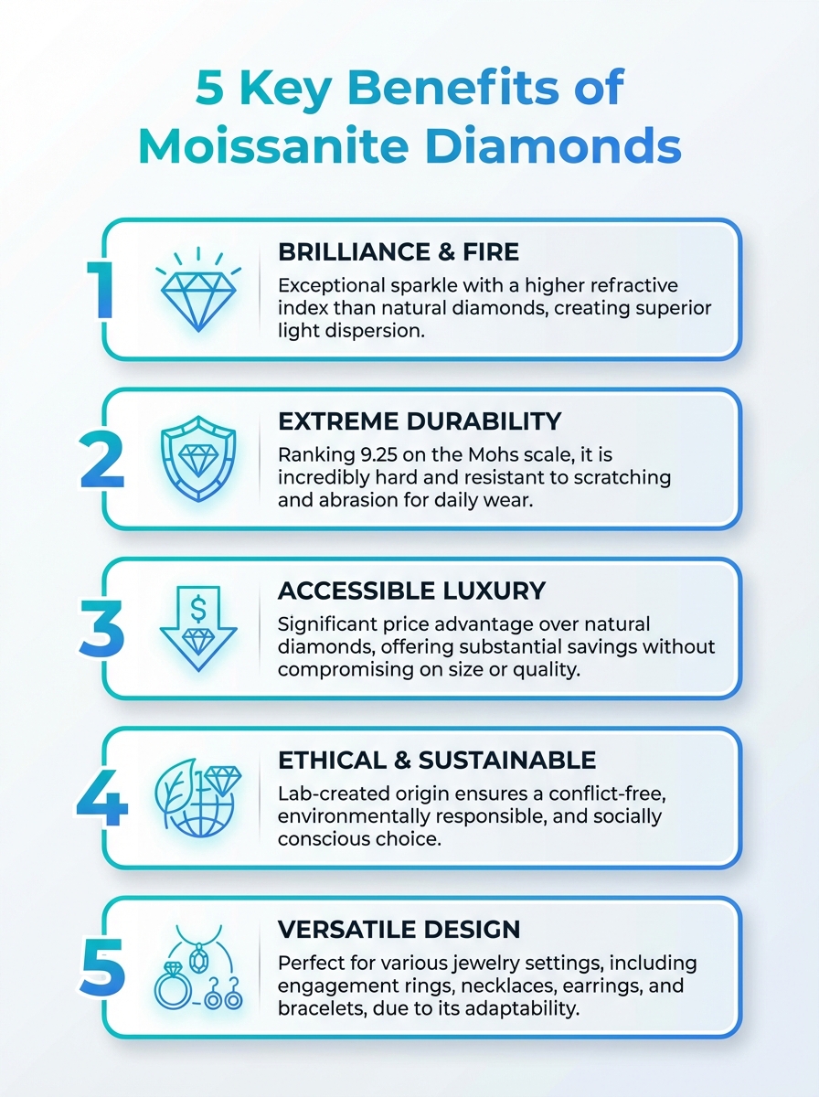 Moissanite Diamond infographic showing 5 key benefits of Moissanite diamonds.