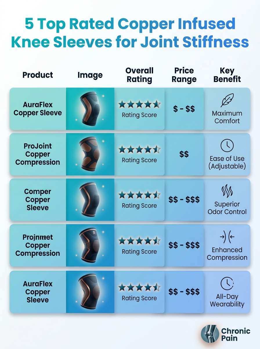 Infographic showing 5 top-rated copper-infused knee sleeves for joint stiffness: features, sizes, benefits.