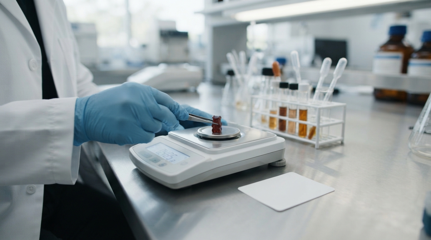 A close-up shows gloved hands weighing a mushroom gummy beside a blank ingredient card and testing vials in a bright