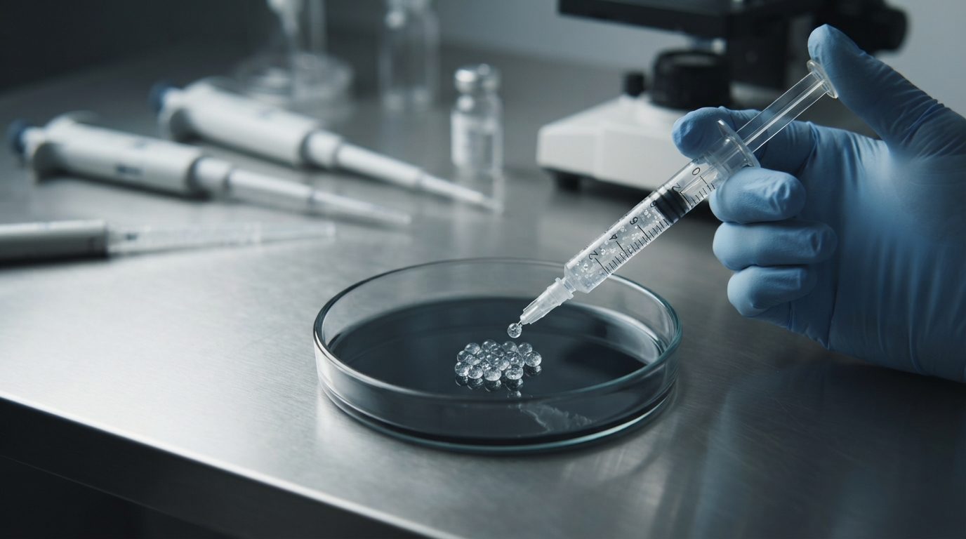 Gloved hands place small clear gel samples from generic hyaluronic acid filler syringes onto a dark sterile dish in a softly