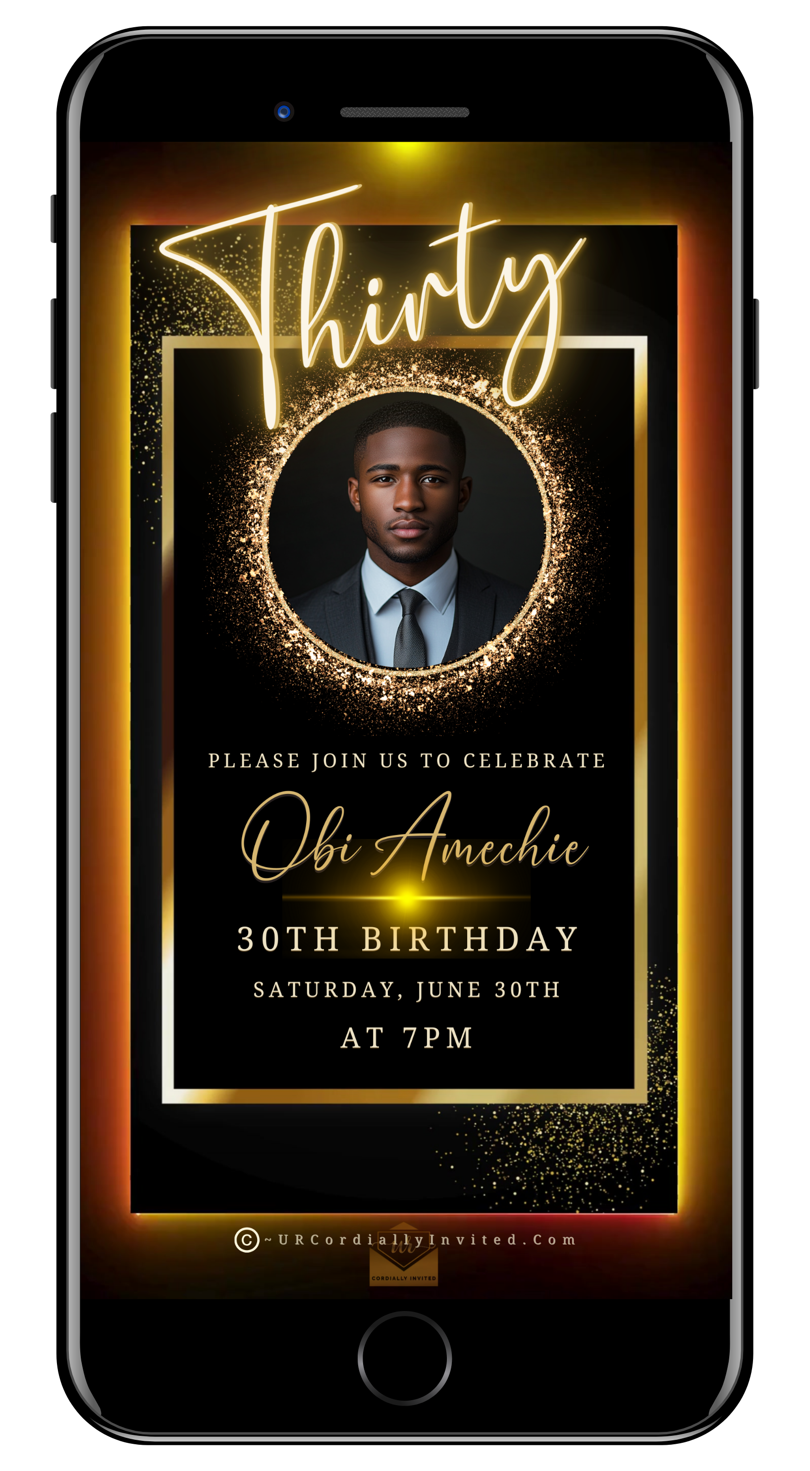30th Birthday Video Invitation Black and Gold Oval Photo Frame