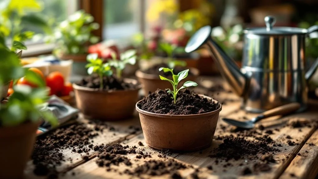 A seedling growing in a pot of dark soil on a wooden table