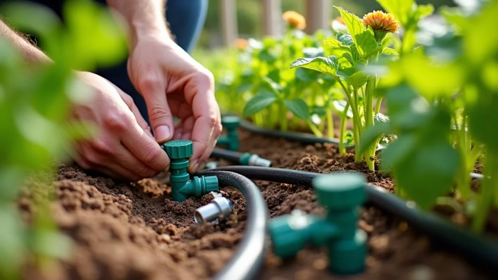 Hands connect a green drip-irrigation fitting and black tubing among soil and flowering plants in a garden.