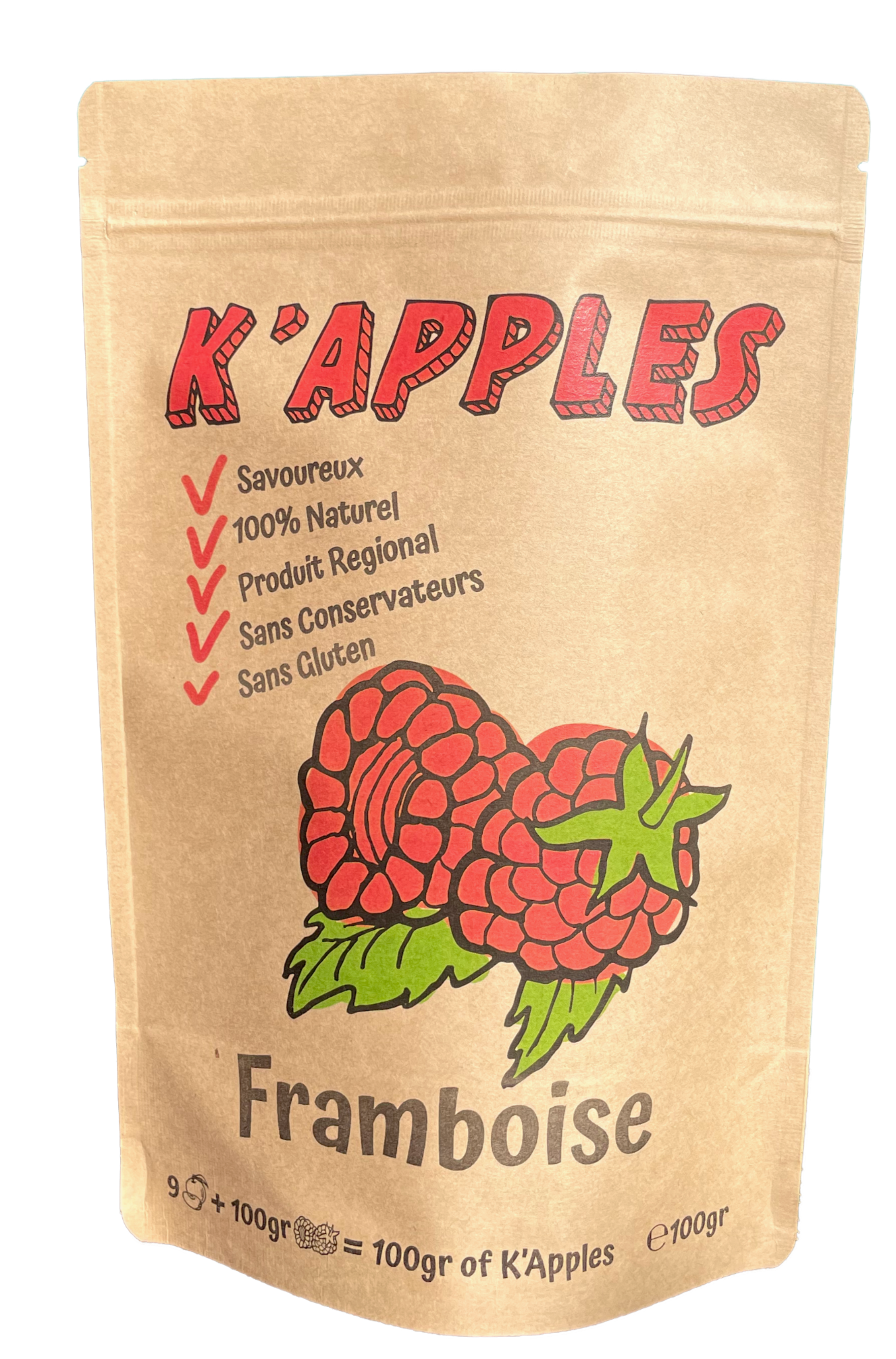 A bag of 100gr K'Apples with raspberry