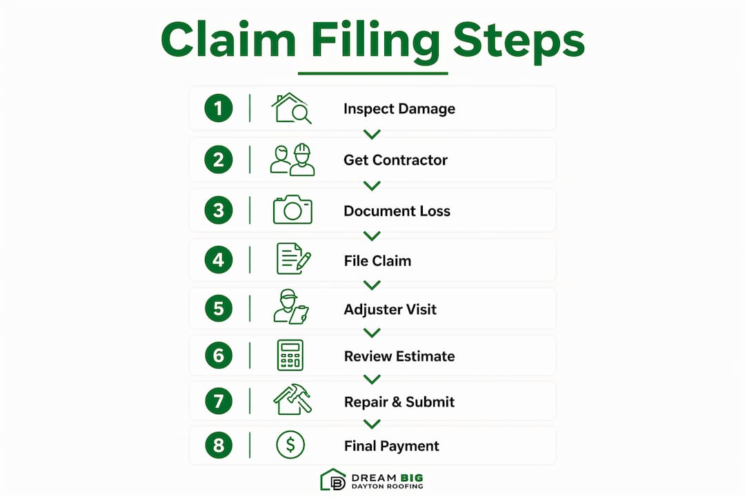 Infographic illustrating roofing insurance claim filing steps