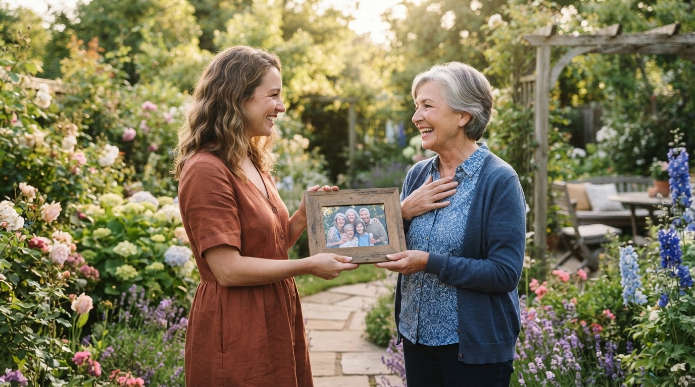 Eine erwachsene Tochter überreicht ihrer Mutter ein gerahmtes Familienfoto im blühenden Garten, beide lächeln im hellen