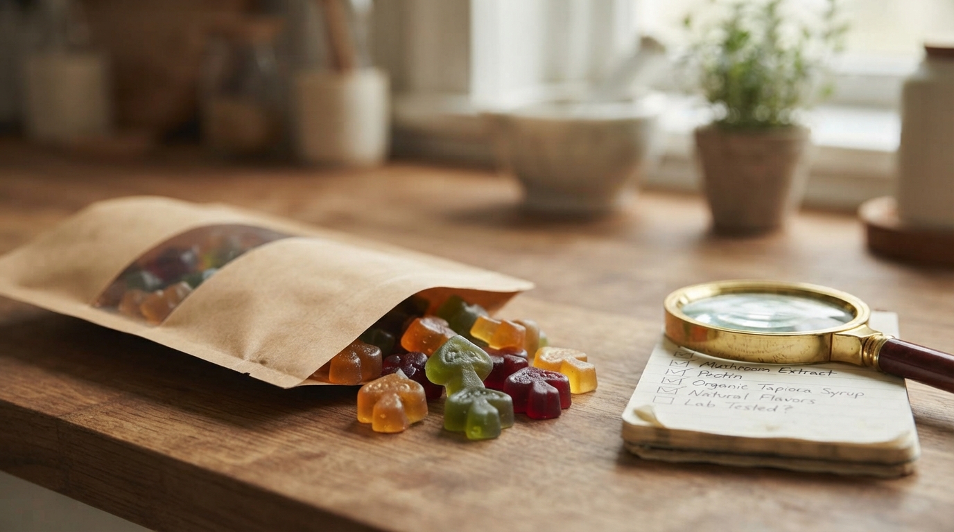 An unbranded pouch of colorful mushroom gummies sits beside a magnifying glass and handwritten ingredient checklist on a