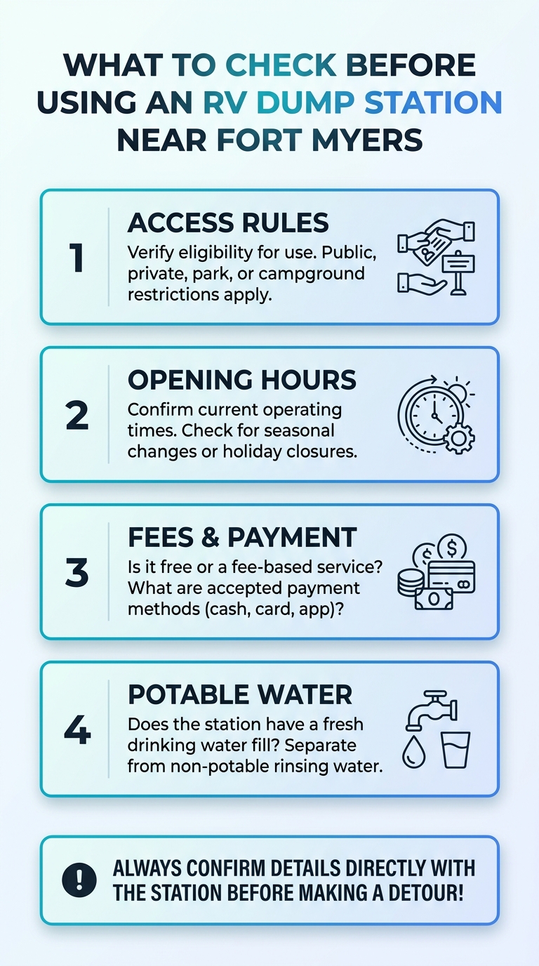 Infographic on what to check before using free RV dump stations near Fort Myers, including who can use them.