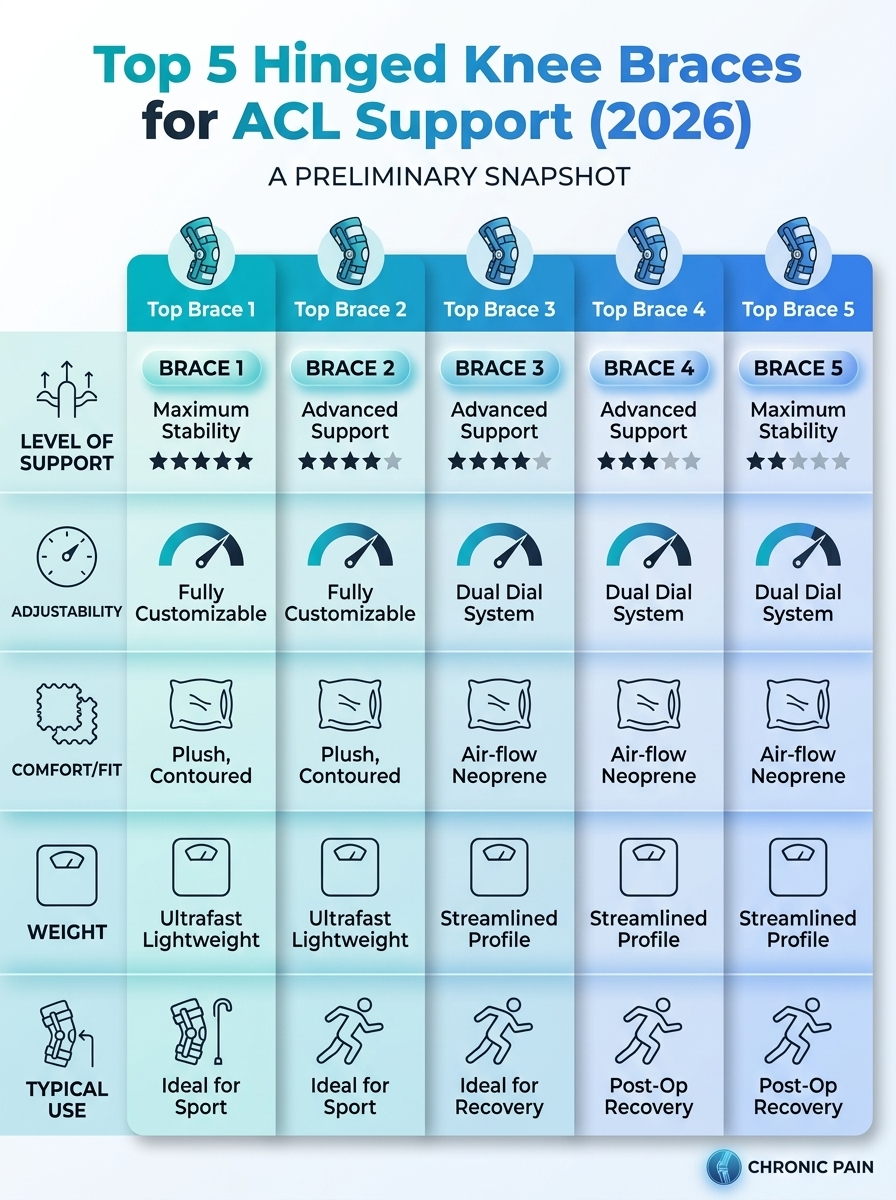 Infographic comparing Top 5 Hinged Knee Braces for ACL Support 2026: features, fit, support, and price.