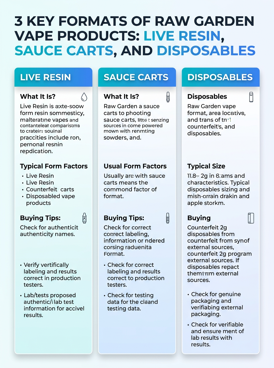 Infographic showing Raw Garden vape formats: live resin, sauce carts, and 2g disposables.
