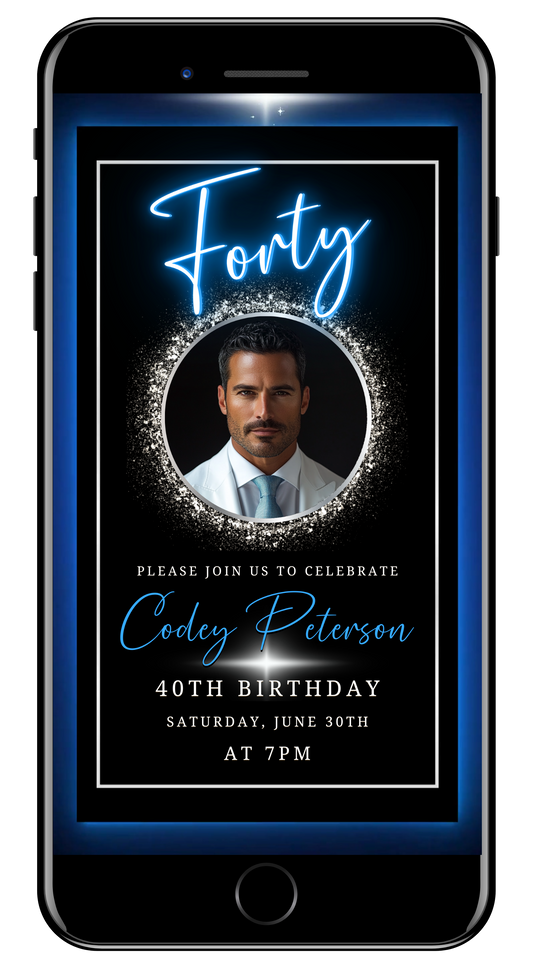 Blue and Silver 40th Birthday Video Invitation with oval photo frame for men