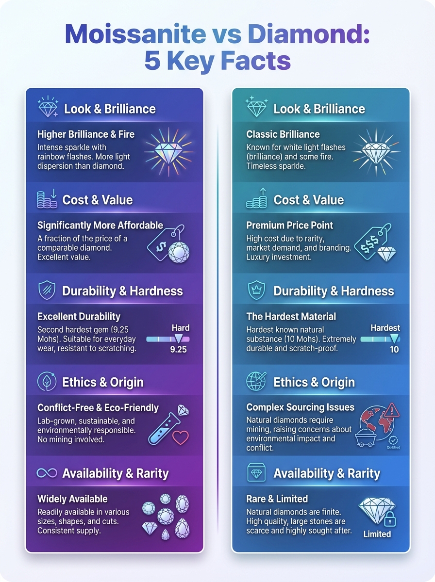 Moissanite vs diamond infographic: 5 key facts answering 'moissanite is what' - cost, brilliance, hardness, and durability.