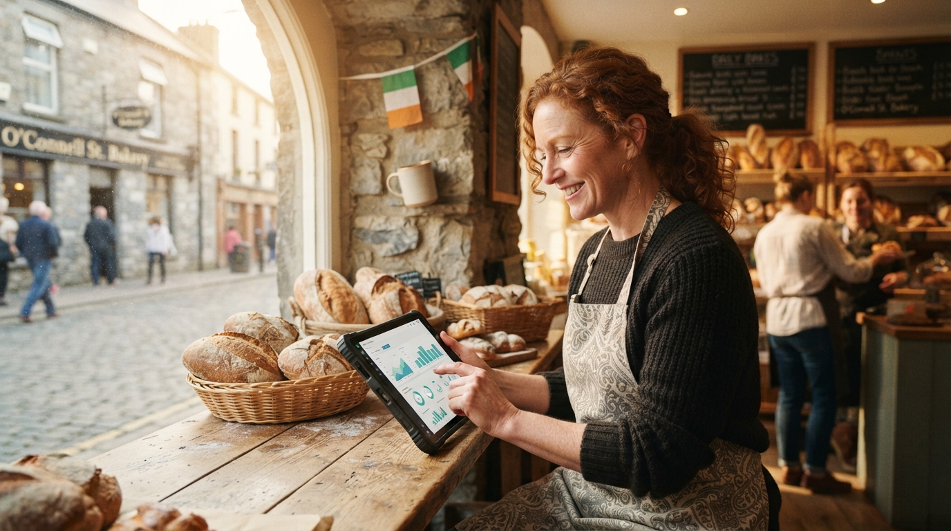 Irish SME owner reviewing AI automation workflows on a laptop