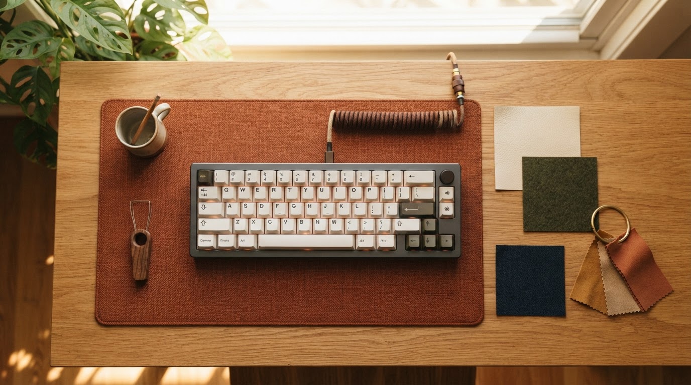 Overhead view of a compact keyboard centered on a rust-colored desk mat, with color swatches arranged beside it on a sunlit