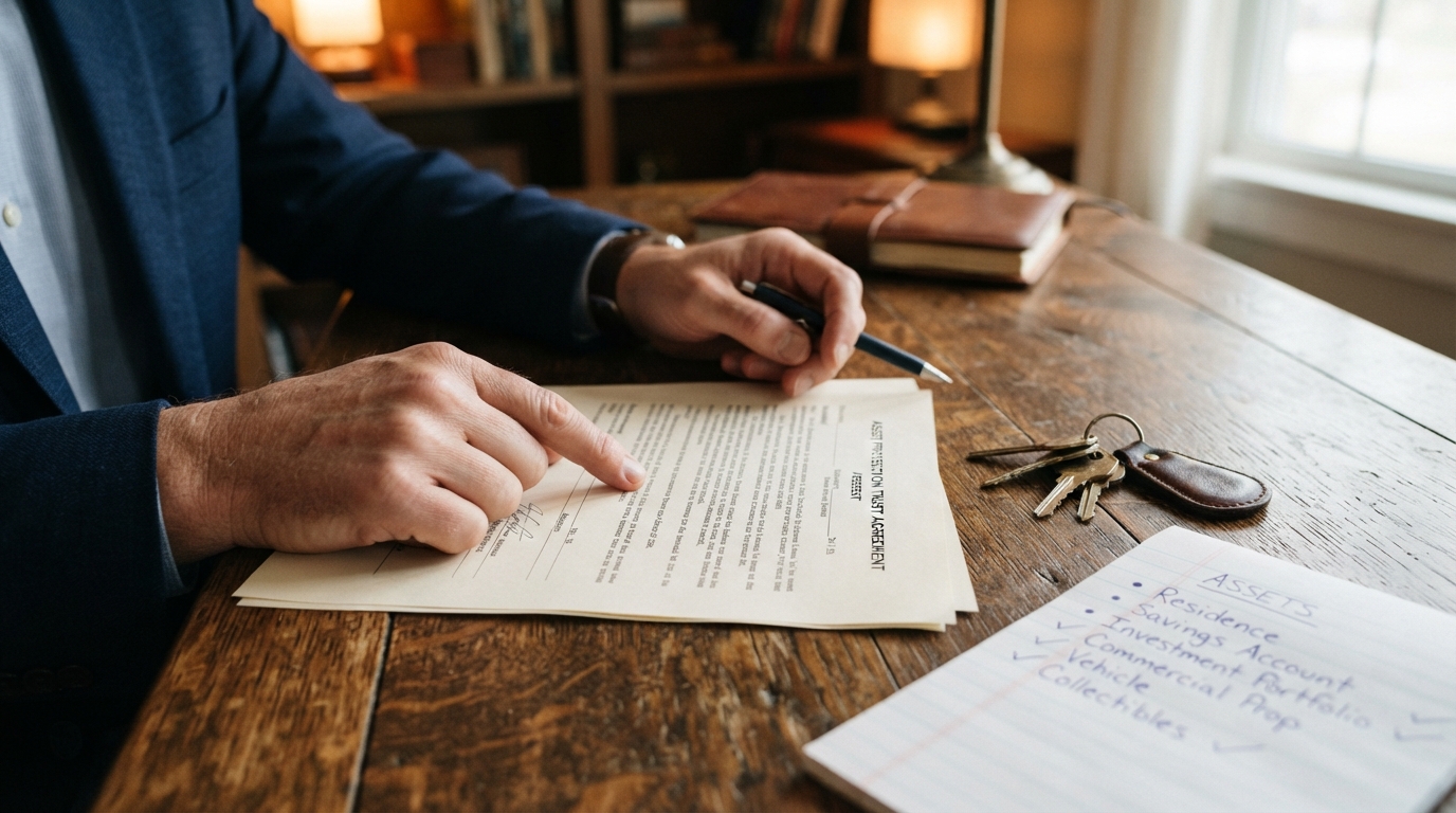 Close-up of hands reviewing an asset protection trust document beside house keys and a handwritten asset list on a warmly