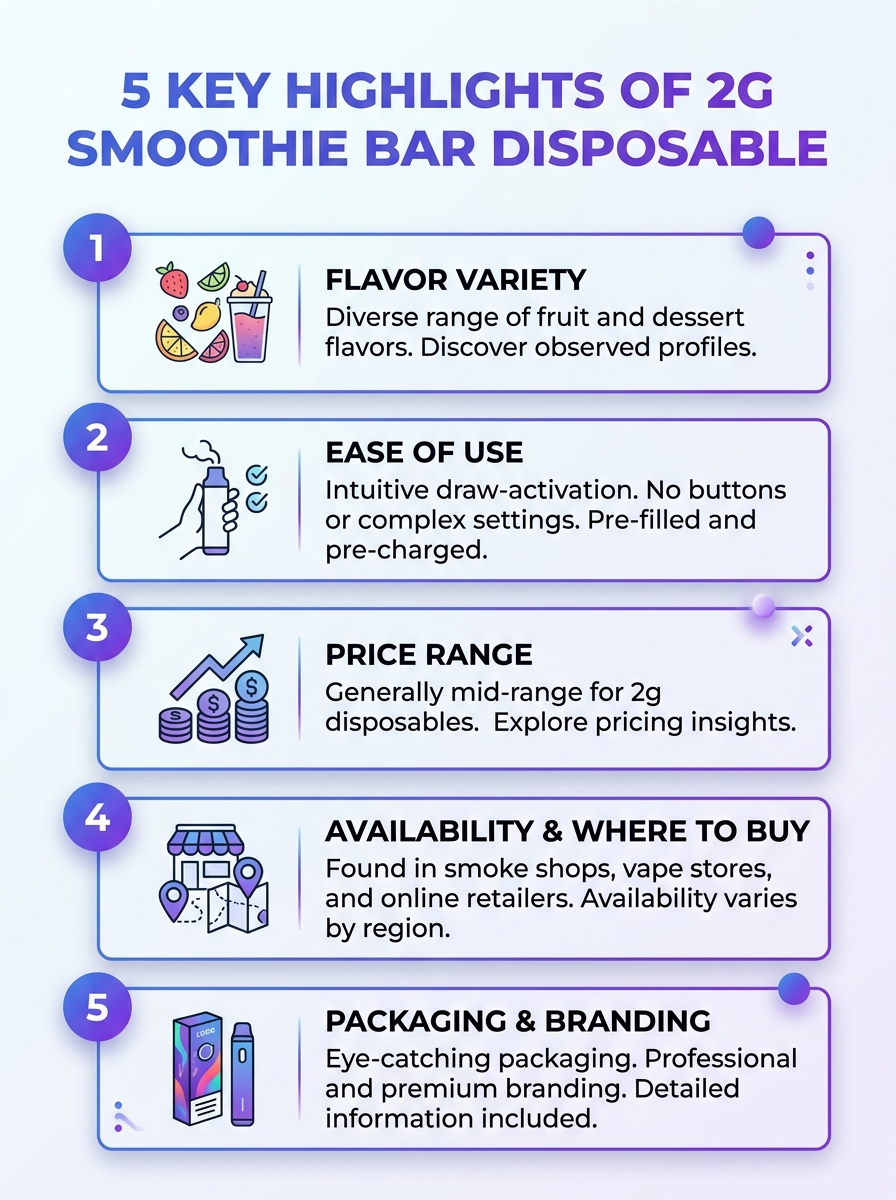 Infographic showing 5 key highlights of the smoothie bar 2G disposable review.