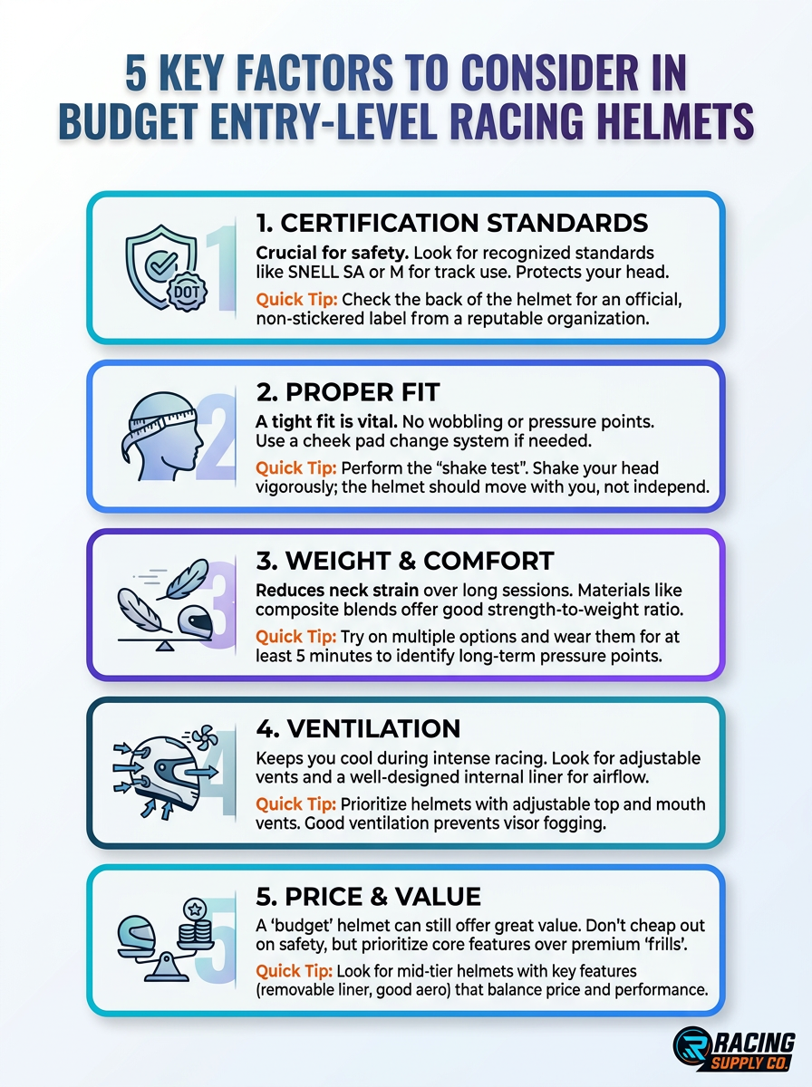 Infographic showing 5 key factors to consider when choosing budget entry-level racing helmets for beginners.