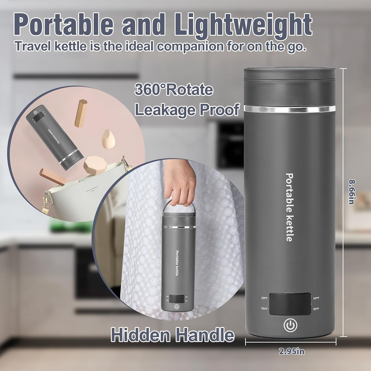 Compact kettle for use at work or while travelling