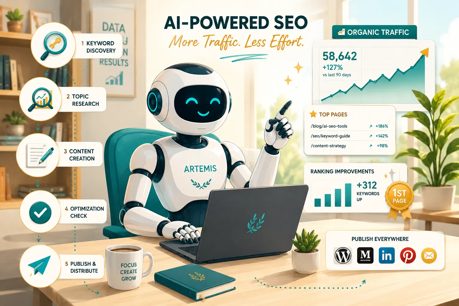 Image 1: Editorial () bright infographic-style illustration showing an AI robot assistant named Artemis at a modern workstation,