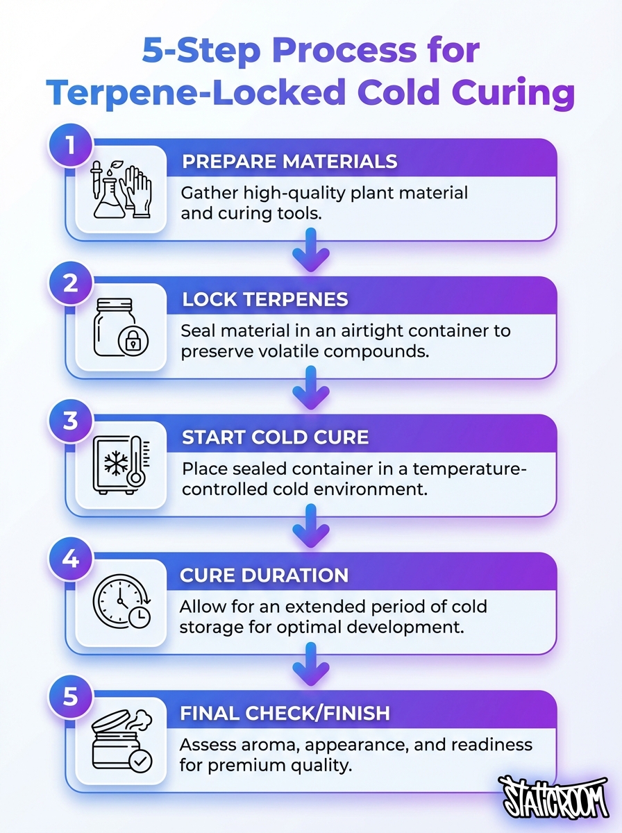 Infographic of the 5-step Terpene-Locked 'Cold Curing' process.