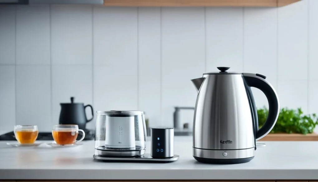 Stainless steel kettle and cups of tea on a kitchen counter