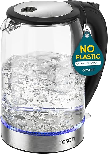 Clear glass electric kettle with a black handle and silver base
