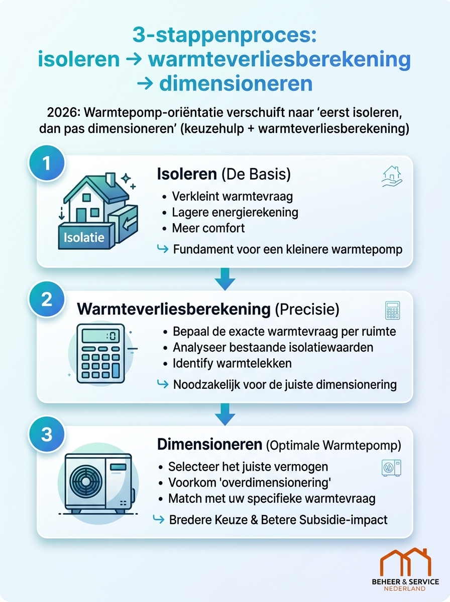 3-stappenproces infographic: isoleren → warmteverliesberekening → dimensioneren voor warmtepomporiëntatie 2026