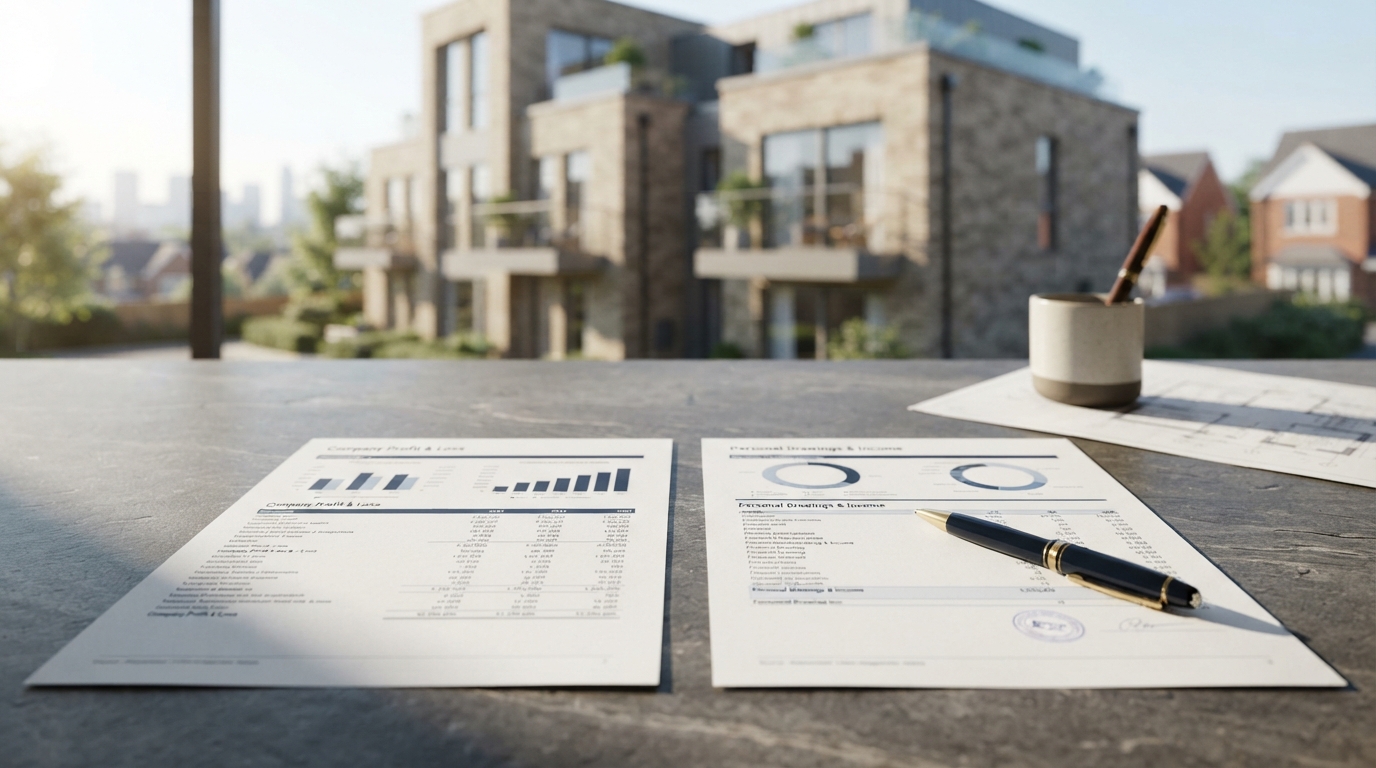 Two account statements showing company profit and personal drawings lie side by side on a stone office table, with a blurred