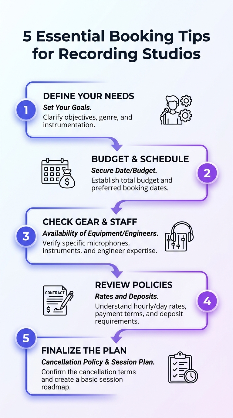 Infographic showing 5 essential booking tips for recording studios: scheduling, rates, equipment, etiquette, and turnaround.