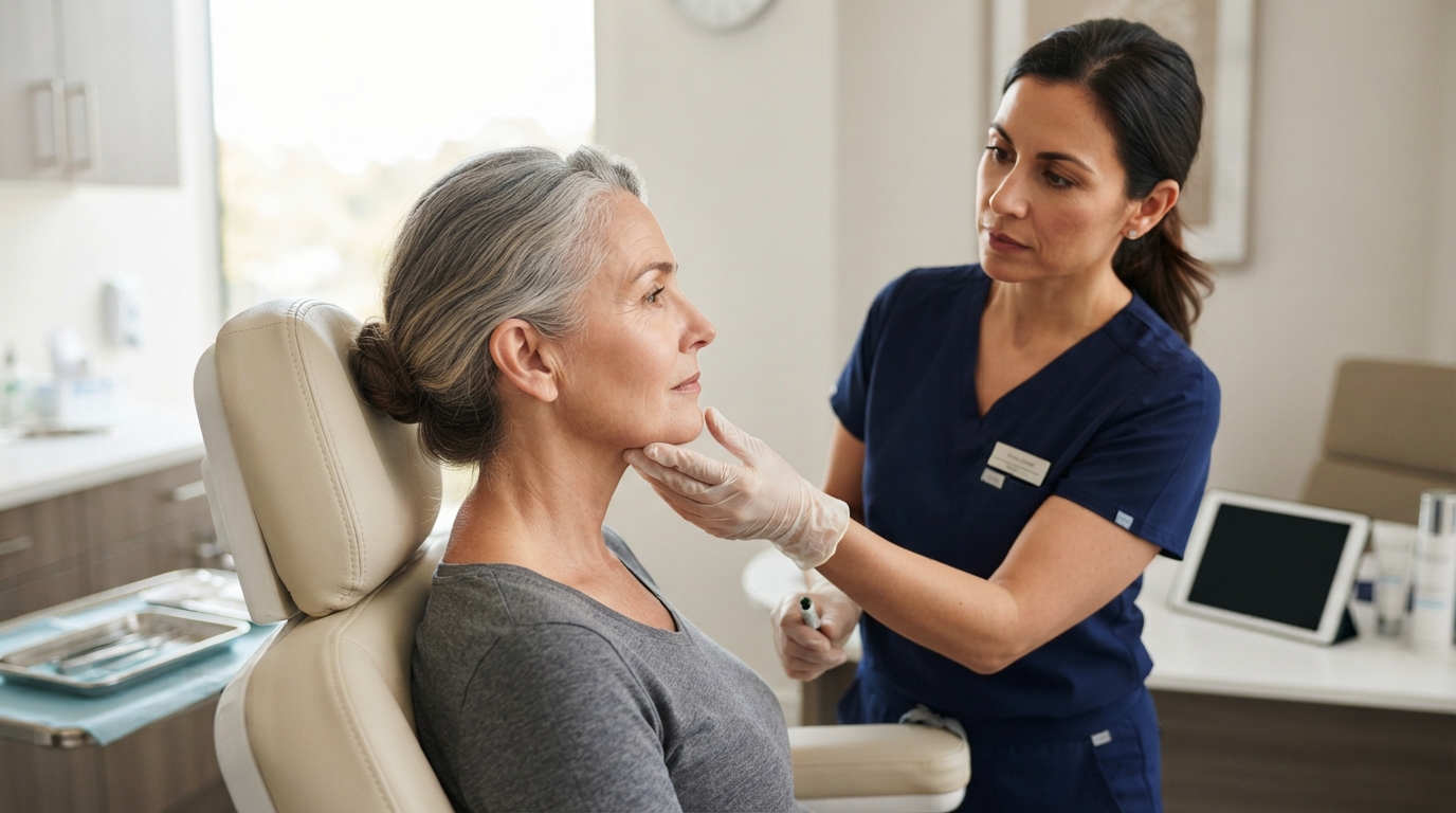In a bright treatment room, a clinician gently assesses an adult patient's lower-face contour in profile during a