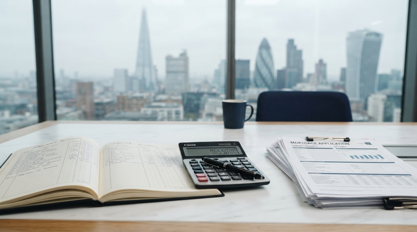 An open ledger, calculator and mortgage paperwork arranged on a white office desk, with a grey London skyline beyond the