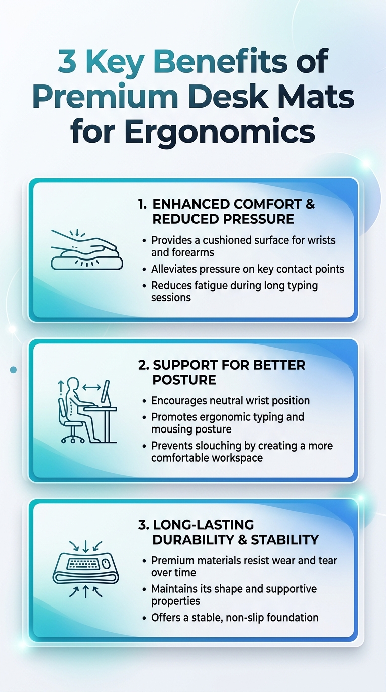 Three key benefits of premium desk mats for ergonomics: comfort, posture support, wrist relief.