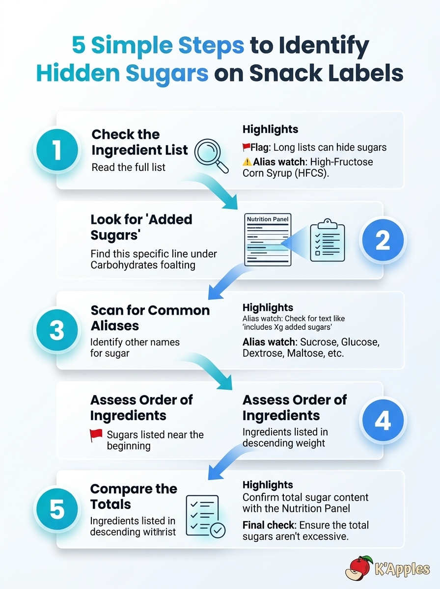 Infographic showing 5 steps to identify hidden sugars on common snack labels.