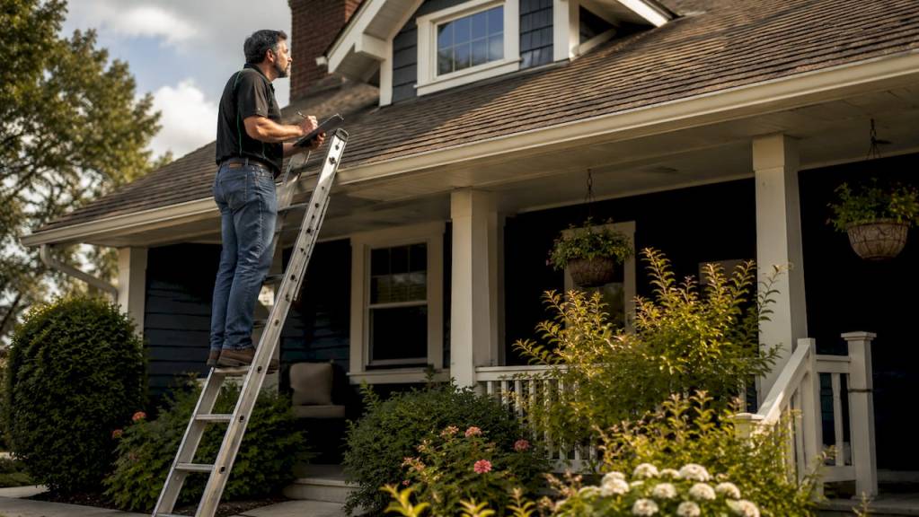 Homeowner inspecting roof shingles on ladder