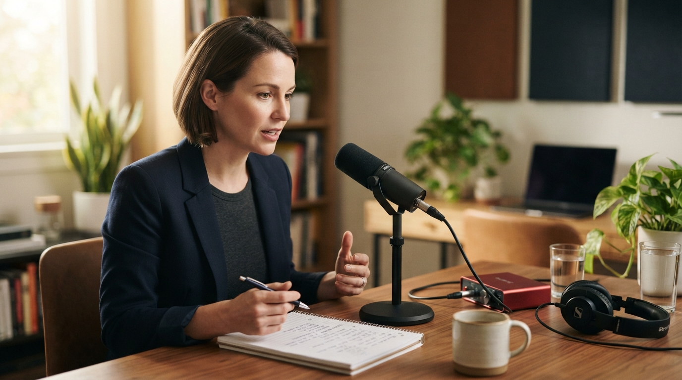A marketing executive rehearses talking points beside a microphone and handwritten interview notes in a quiet office