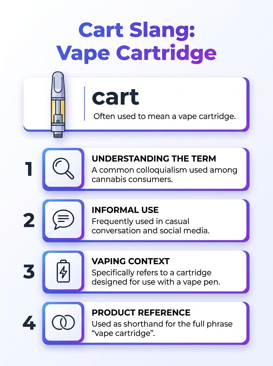 Infographic explaining what “cart” means in slang: a vape cartridge.