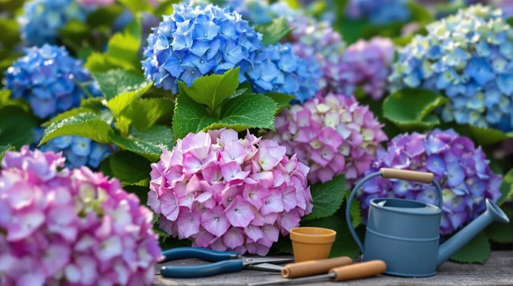 Blue, pink, and purple hydrangea clusters with green leaves and gardening tools in a garden.