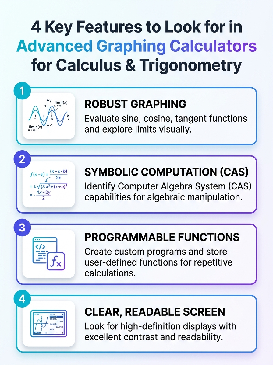 Infographic: 4 key features to look for in advanced graphing calculators for calculus and trigonometry.
