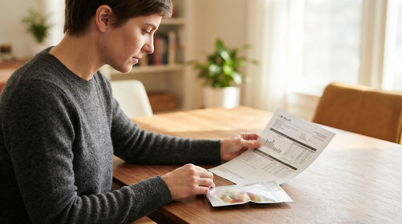 A consumer compares a sealed, unbranded candy pouch with a printed lab report at a sunlit dining table, viewed from the side.