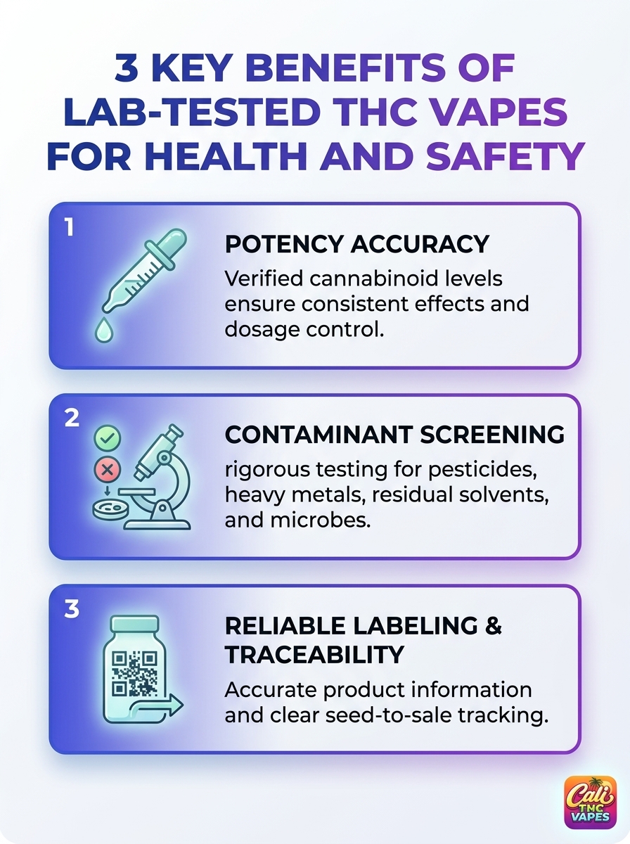 Infographic showing three key benefits of lab-tested THC vapes for health and safety.