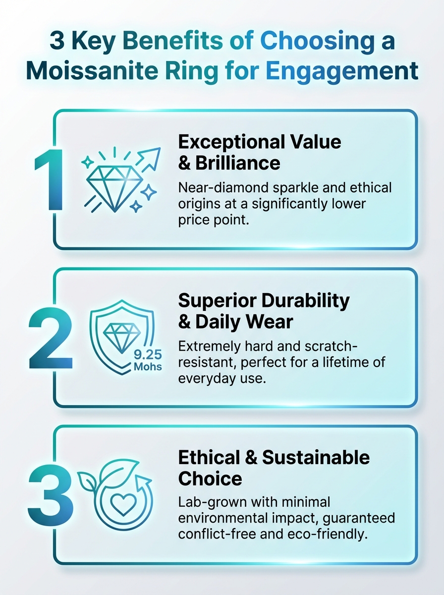 Infographic showing 3 key benefits of a moissanite ring engagement, including brilliance, affordability, and durability.