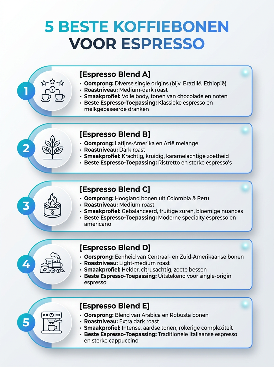 Infographic: 5 beste koffiebonen voor espresso met roast levels en smaakprofielen.