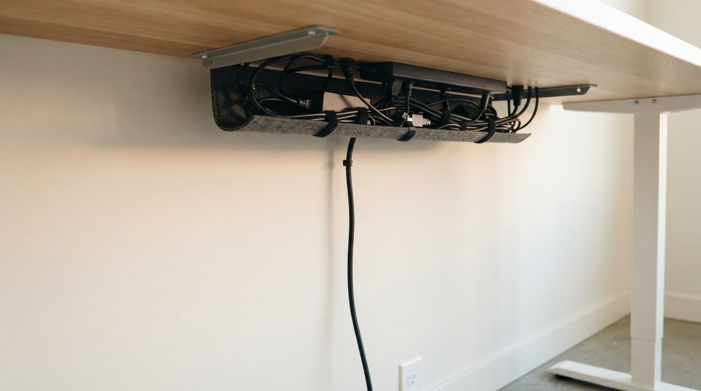 A close-up beneath a minimalist desk shows cables secured in a tidy tray and a single power cord against a softly lit wall.