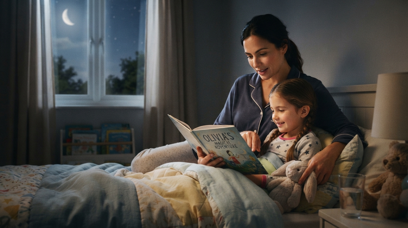 Cosy bedtime routine scene with a personalised story