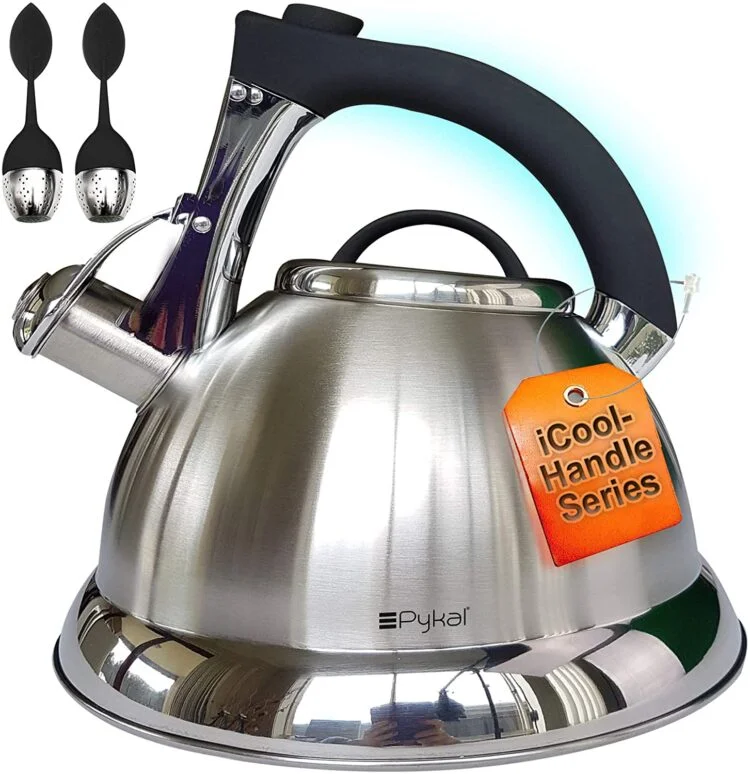 Stainless steel stovetop kettle with a black handle
