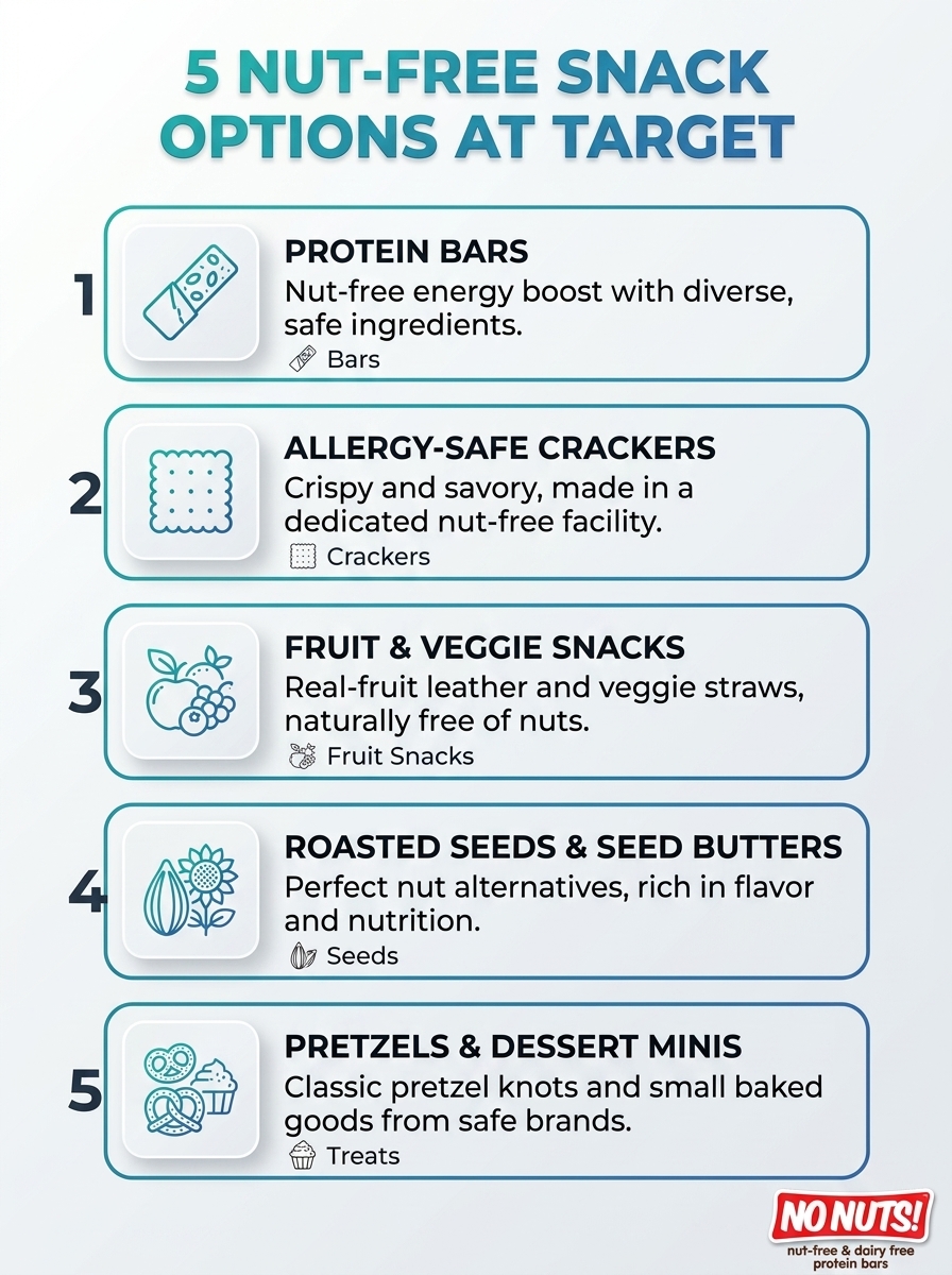 Infographic: 5 nut-free snack options at Target, allergy-safe choices.