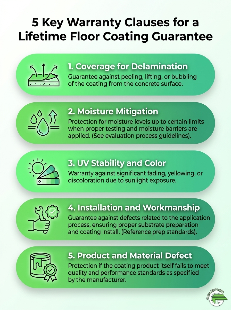 Infographic: The No Fine Print Warranty—5 key clauses in a lifetime floor coating guarantee.