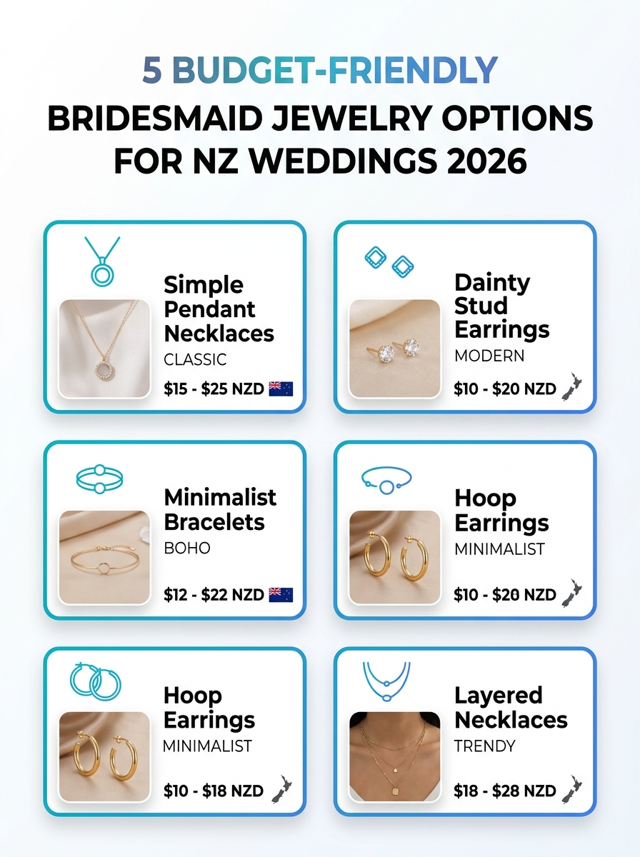 Infographic showing 5 budget-friendly bridesmaid jewelry options for NZ weddings 2026 - affordable bridesmaid jewelry gifts