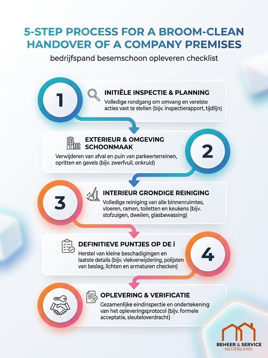 Infographic met 5-stappenplan voor een besemschoon opleveren van een bedrijfspand – checklist